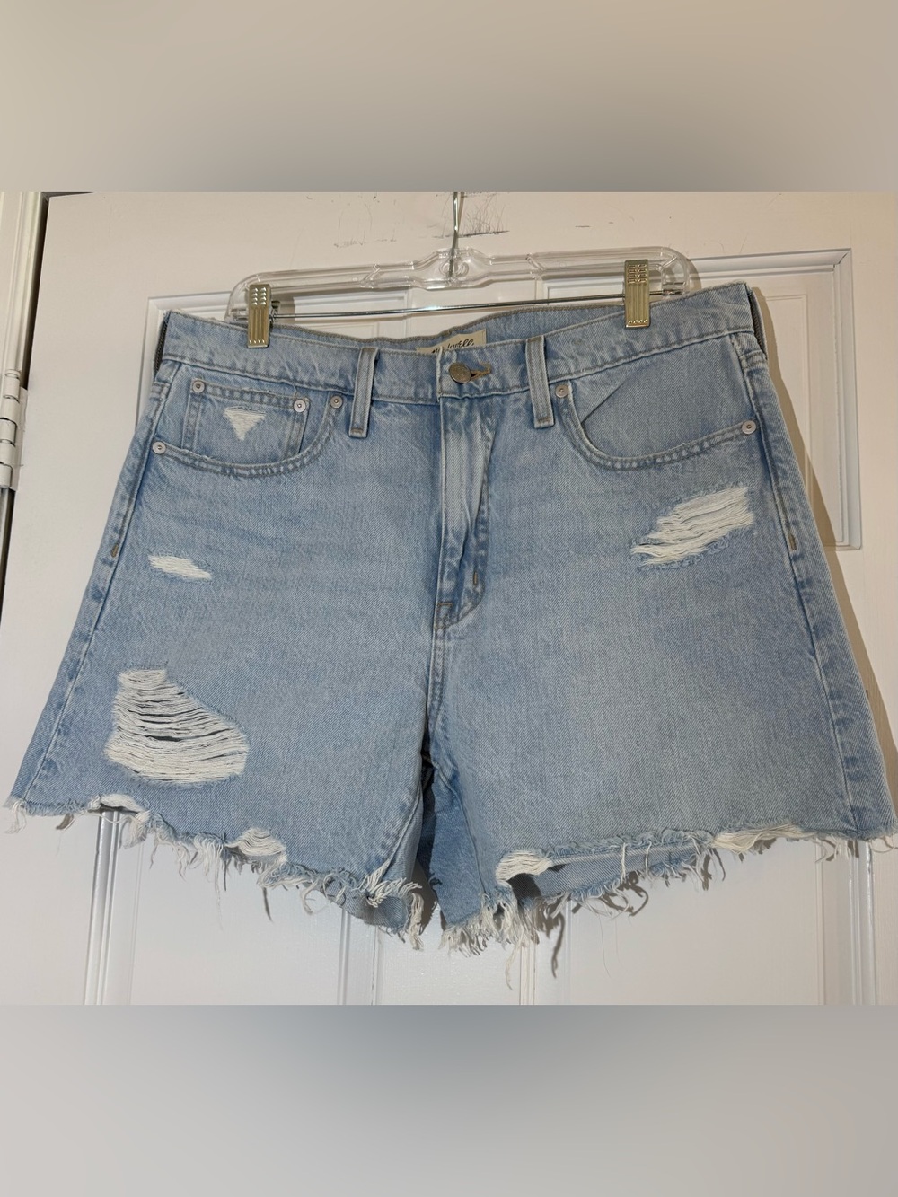 Madewell Relaxed Mid Length Light Blue Distressed High-Rise Denim Shorts Cotton